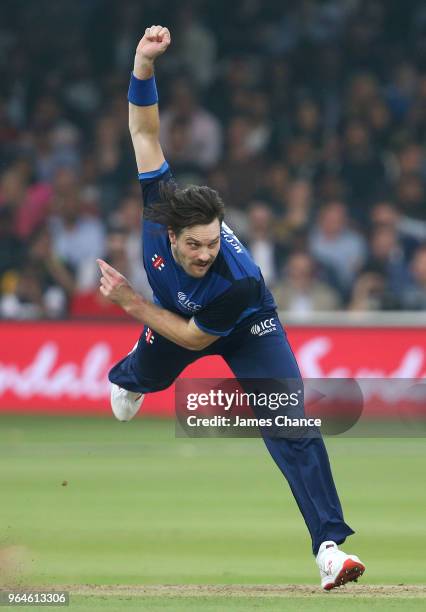 Mitchell McClenaghan of the ICC World XI bowls during the Hurricane Relief T20 match between the ICC World XI and West Indies at Lord's Cricket...