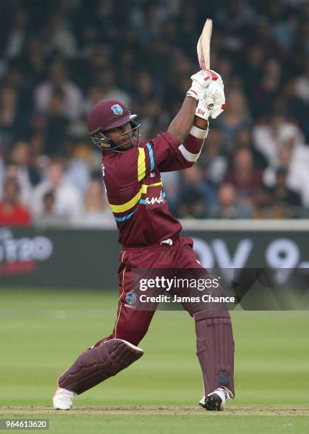 Marlon Samuels of the West Indies bats during the Hurricane Relief T20 match between the ICC World XI and West Indies at Lord's Cricket Ground on May...