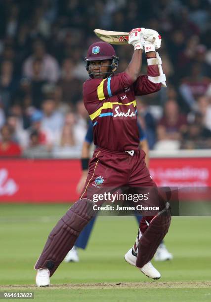 Marlon Samuels of the West Indies bats during the Hurricane Relief T20 match between the ICC World XI and West Indies at Lord's Cricket Ground on May...