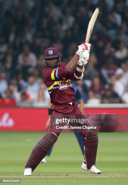 Marlon Samuels of the West Indies bats during the Hurricane Relief T20 match between the ICC World XI and West Indies at Lord's Cricket Ground on May...