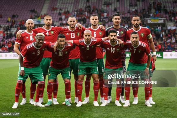 Morroco's national football team second row, forward Noureddine Amrabat, defender Manuel Da Costa, forward Khalid Boutaib, defender Romain Saiss,...