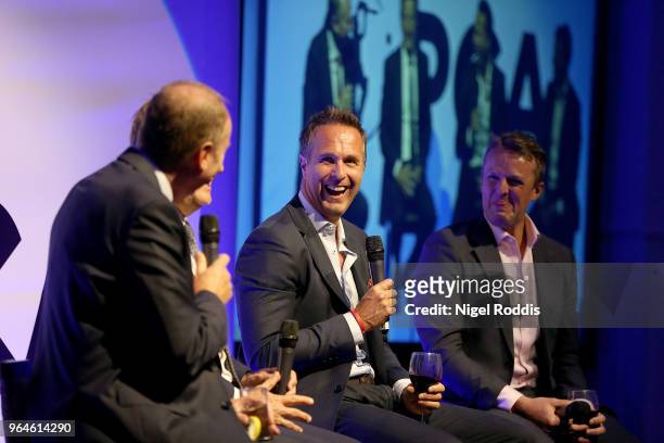 Jonathan Agnew, Mark Nicholas, Michael Vaughan and Graeme Swann during a PCA Eve of Test Dinner at Queens Hotel on May 31, 2018 in Leeds, England.