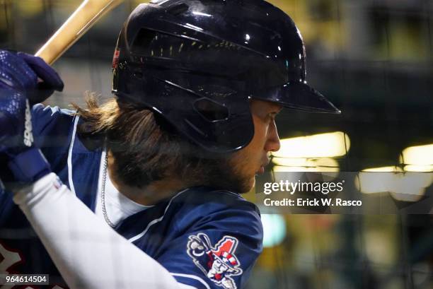 Minor League Baseball: Closeup of New Hampshire Fisher Cats Bo Bichette during batting practice before game vs Binghamton Rumble Ponies at Northeast...