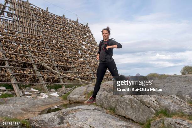 Kristin Brandtsegg Lome out for a small testrun the day before The Arctic Triple // Lofoten Ultra-Trail on May 31, 2018 in Svolvar, Norway. Lome is...
