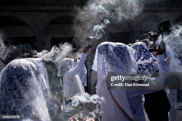 Corpus Christi is celebrated in Plaza De Armas on May 31, 2018 in Cusco, Peru. Members of the public and Catholics participated in the central mass...