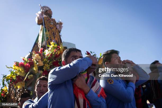 Giants 'Saints' are carried and moved in procession from their original parishes to the Cathedral of Cusco in Plaza De Armas as Corpus Christi is...