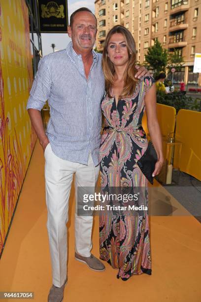 Goetz Elbertzhagen and his girlfriend Lydia Becker during the celebration of the first anniversary of indian Restaurant India Club on May 31, 2018 in...