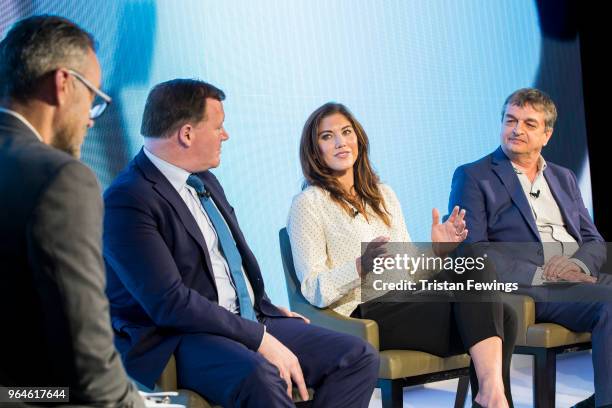 Simon Hill, Damian Collins, Hope Solo, and Jerome Champagne take part in a panel discussion as The Foundation For Sports Integrity hold their...