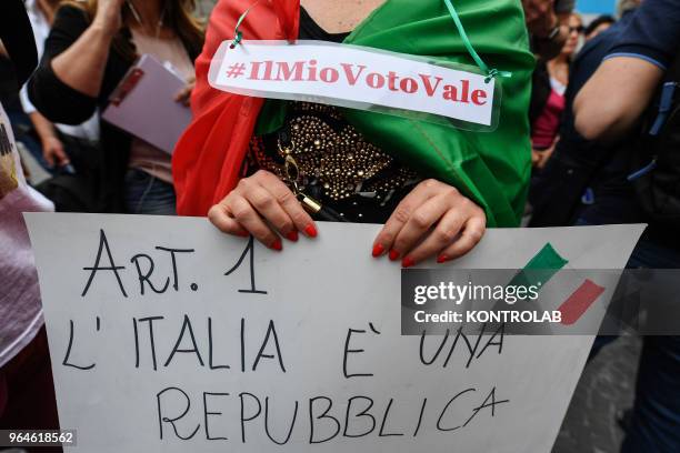 Luigi Di Maio, leader of Italian anti-establishment party Movimento 5 Stelle - M5S speak to supporters during a protest in Naples against the Italian...