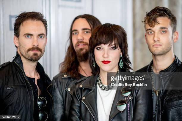 Josh Smith, Joe Hottinger, Lzzy Hale and Arejay Hale of Halestorm discuss "Vicious" with the Build Series at Build Studio on May 31, 2018 in New York...