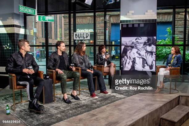 Arejay Hale, Joe Hottinger, Josh Smith and Lzzy Hale of Halestorm discuss "Vicious" with the Build Series at Build Studio on May 31, 2018 in New York...