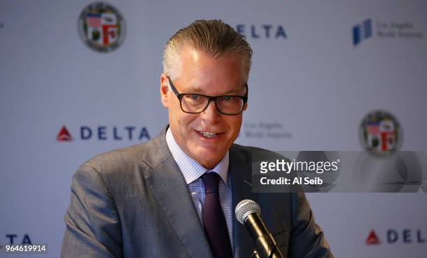 Delta CEO Ed Bastian, at a press conference to announce that Delta Air Lines and Los Angeles World Airports have formally kicked off the Delta Sky...