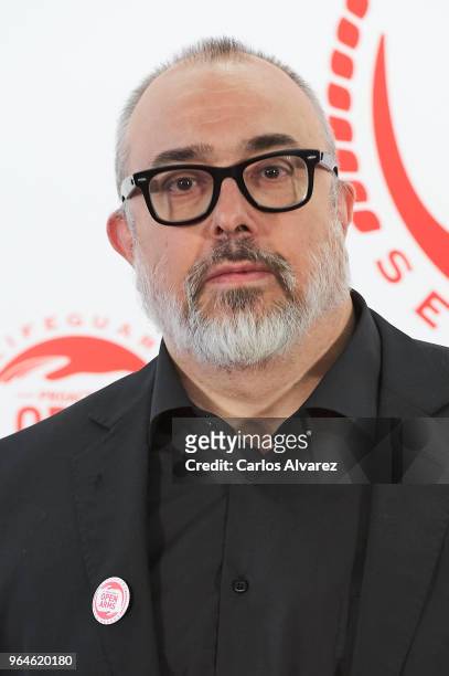 Director Alex de la Iglesia attends a dinner to benefit the Spanish humanitarian NGO Proactiva Open Arms at the Retiro Park on May 31, 2018 in...