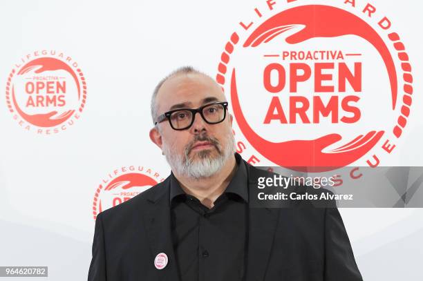 Director Alex de la Iglesia attends a dinner to benefit the Spanish humanitarian NGO Proactiva Open Arms at the Retiro Park on May 31, 2018 in...