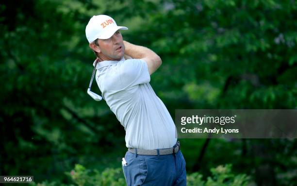 Lucas Glover of the United States hits his second shot on the 15th hole during the first round of The Memorial Tournament Presented by Nationwide at...