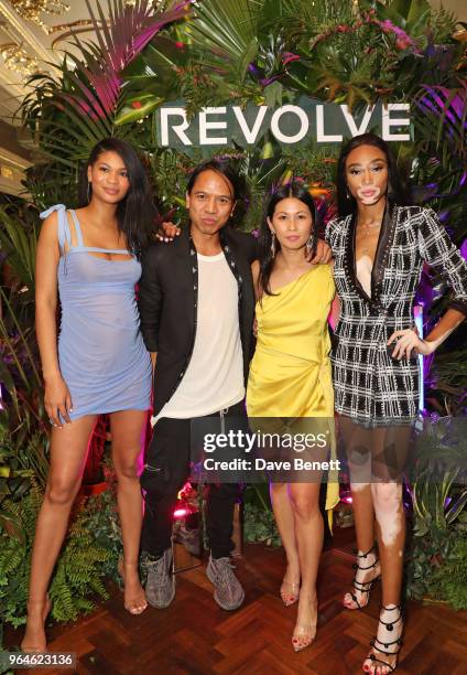 Chanel Iman, Michael Mente, Raissa Gerona and Winnie Harlow attends the REVOLVE 'LA Party In London' hosted by Winnie Harlow at Hotel Cafe Royal on...