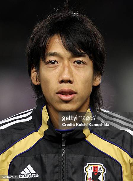 Kengo Nakamura of Japan looks on prior to playing the East Asian Football Championship 2010 match between Japan and China at Ajinomoto Stadium on...