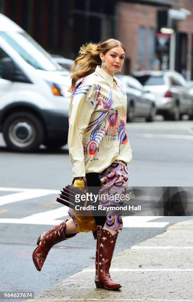 Model Gigi Hadid is seen on set of a photo shoot in Soho on May 31, 2018 in New York City.