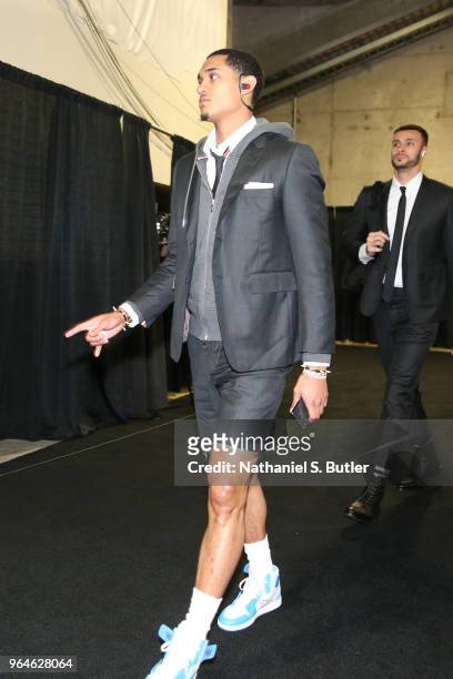 Jordan Clarkson of the Cleveland Cavaliers arrives before the game against the Golden State Warriors in Game One of the 2018 NBA Finals on May 31,...