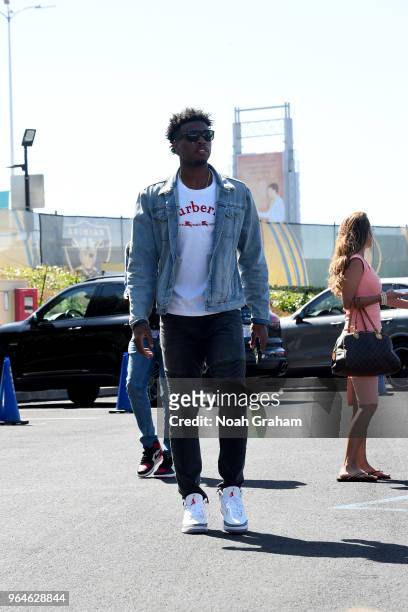Buddy Hield of the Sacramento Kings arrives at the arena before the game between the Golden State Warriors and the Cleveland Cavaliers in Game One of...