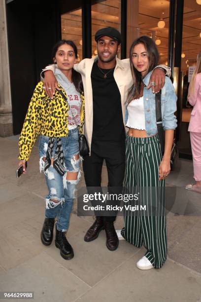 Shree Patel, Lucian Laviscount and Ana Tanaka seen attending Kurt Geiger boutique opening party at Selfridges on May 31, 2018 in London, England.