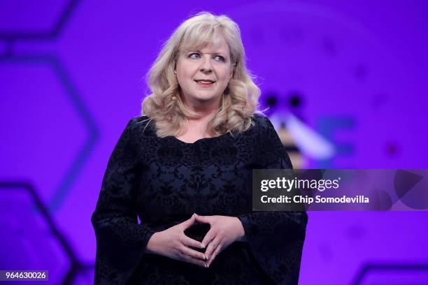 Scripps National Spelling Bee Executive Director and 1981 champion Paige Kimble speaks before the final round of the 91st bee at the Gaylord National...