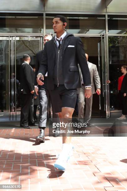 May 31: Jordan Clarkson of the Cleveland Cavaliersis photographed heading to bus in route to Game One of the 2018 NBA Finals on May 31, 2018 at...