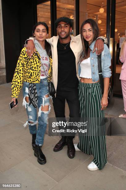 Shree Patel, Lucian Laviscount and Ana Tanaka seen attending Kurt Geiger boutique opening party at Selfridges on May 31, 2018 in London, England.