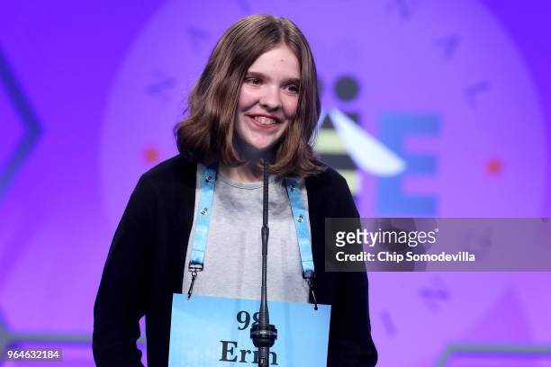 Erin Howard successfully spells the word 'sgenestrole' during the final rounds of the 91st Scripps National Spelling Bee at the Gaylord National...