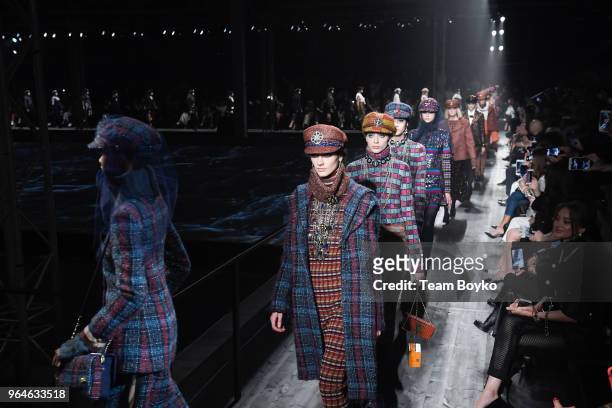 Models walk the runway during the Chanel Replica Show In Moscow "Metiers D'Art Paris - Hamburg 2017-18" on May 31, 2018 in Moscow, Russia.