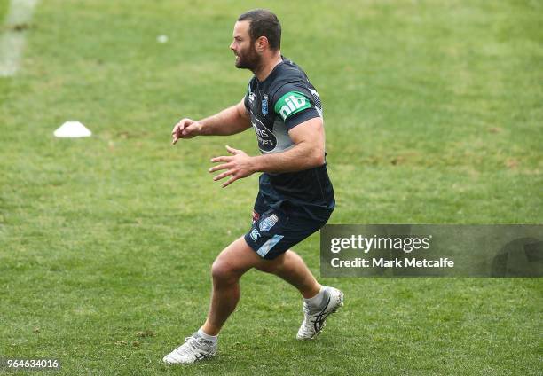 Blues captain Boyd Cordner runs during a New South Wales State of Origin training session at Coogee Oval on June 1, 2018 in Sydney, Australia.