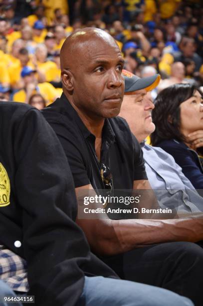 Barry Bonds looks on during Game One of the 2018 NBA Finals between the Golden State Warriors and Cleveland Cavaliers on May 31, 2018 at ORACLE Arena...