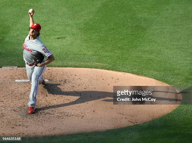 Aaron Nola of the Philadelphia Phillies pitches in the second inning against the Los Angeles Dodgers at Dodger Stadium on May 31, 2018 in Los...