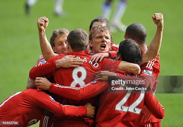 Dirk Kuyt of Liverpool celebrates his goal during the Barclays Premier League match between Liverpool and Everton at Anfield on February 6, 2010 in...