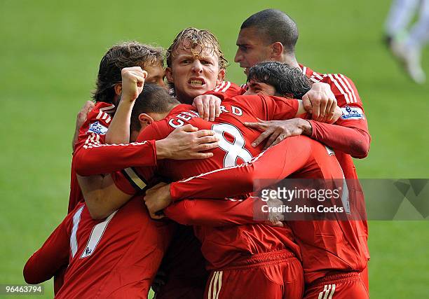 Dirk Kuyt of Liverpool celebrates his goal during the Barclays Premier League match between Liverpool and Everton at Anfield on February 6, 2010 in...