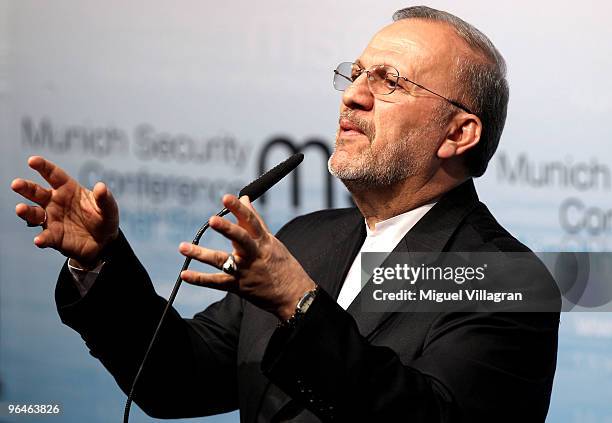 Iranian Foreign Minister Manouchehr Mottaki addresses the media during the second day of the 46th Munich Security Conference at the Bayerischer Hof...