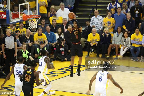 Jordan Clarkson of the Cleveland Cavaliers shoots the ball against the Golden State Warriors in Game One of the 2018 NBA Finals on May 31, 2018 at...