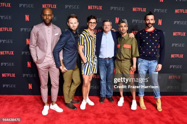 Karamo Brown,Bobby Berk, Antoni Porowski, Ted Sarandos, Tan France, Jonathan Van Ness attends #NETFLIXFYSEE Event For "Queer Eye" at Netflix FYSEE At...