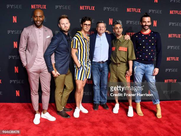 Karamo Brown,Bobby Berk, Antoni Porowski, Ted Sarandos, Tan France, Jonathan Van Ness attends #NETFLIXFYSEE Event For "Queer Eye" at Netflix FYSEE At...
