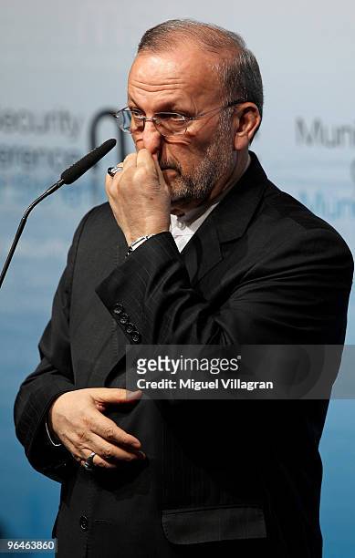 Iranian Foreign Minister Manouchehr Mottaki addresses the media during the second day of the 46th Munich Security Conference at the Bayerischer Hof...