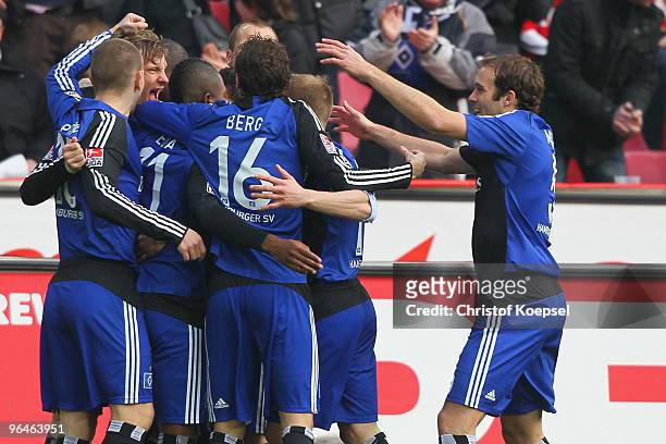 Marcell Jansen of Hamburg celebrates the first goal with his team during the Bundesliga match between 1. FC Koeln and Hamburger SV at the...