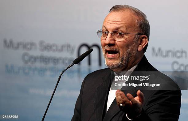 Iranian Foreign Minister Manouchehr Mottaki addresses the media during the second day of the 46th Munich Security Conference at the Bayerischer Hof...