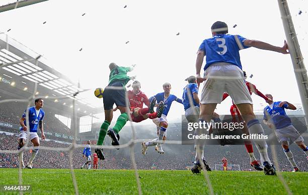 Dirk Kuyt of Liverpool scores the opening goal during the Barclays Premier League match between Liverpool and Everton at Anfield on February 6, 2010...
