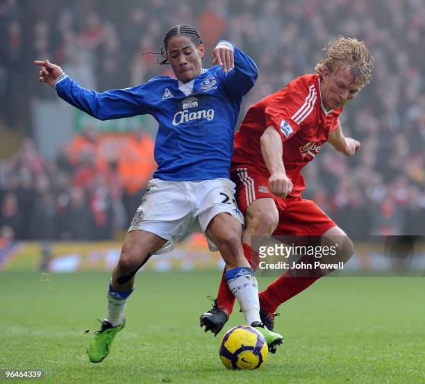 Dirk Kuyt of Liverpool competes with Steven Pienaar of Everton during the Barclays Premier League match between Liverpool and Everton at Anfield on...