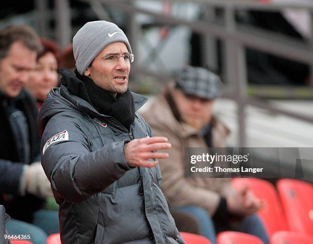 Head coach Michael Wiesinger of Ingolstadt gestures on the tribune during the third league match between FC Ingolstadt 04 and VfL Osnabrueck at the...