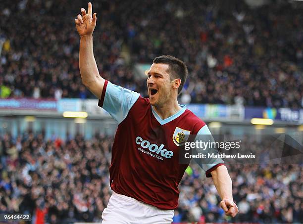 David Nugent of Burnley celebrates his goal during the Barclays Premier League match between Burnley and West Ham United at Turf Moor on February 6,...