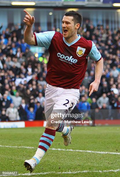 David Nugent of Burnley celebrates his goal during the Barclays Premier League match between Burnley and West Ham United at Turf Moor on February 6,...