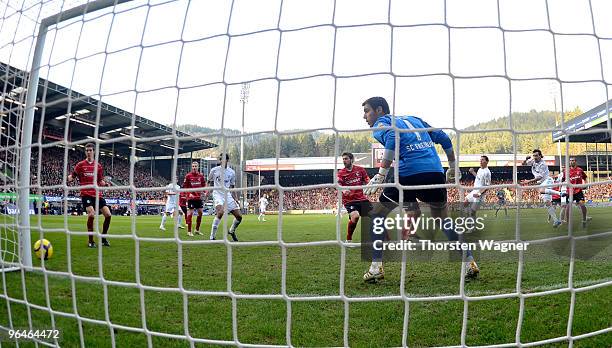 Kevin Kuranyi of Schalke heads against the post during the Bundesliga match between SC Freiburg and FC Schalke 04 at Badenova Stadium on February 6,...