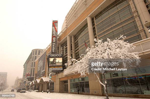 Exterior view of Verizon Center during the snow storm before a college basketball game against the Georgetown Hoyas and the Villanova Wildcats on...