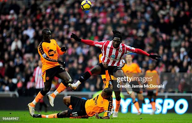 Kenwyne Jones of Sunderland battles with Titus Bramble of Wigan during the Barclays Premier League match between Sunderland and Wigan Athletic at the...